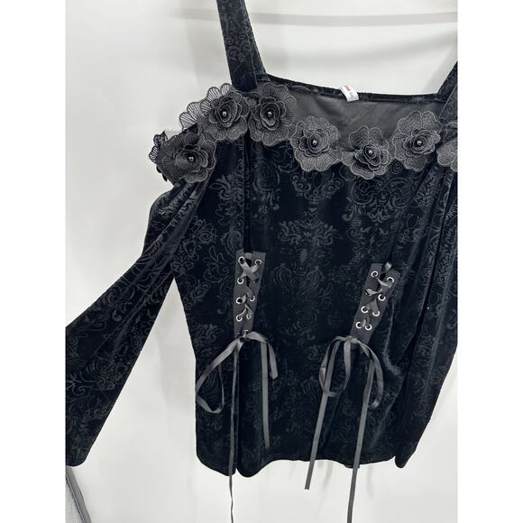 Rosegal Top 2X Black Velour Floral‎ Tie Whimsigoth Renaissance Witch Cosplay - Picture 3 of 8